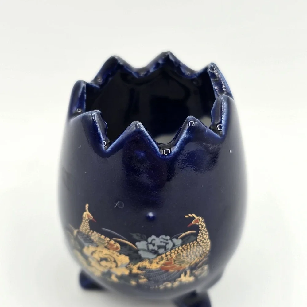 Cobalt Blue Oriental Tripod Toothpicks Holder Bud Vase Peacock Motif‎ 2.5